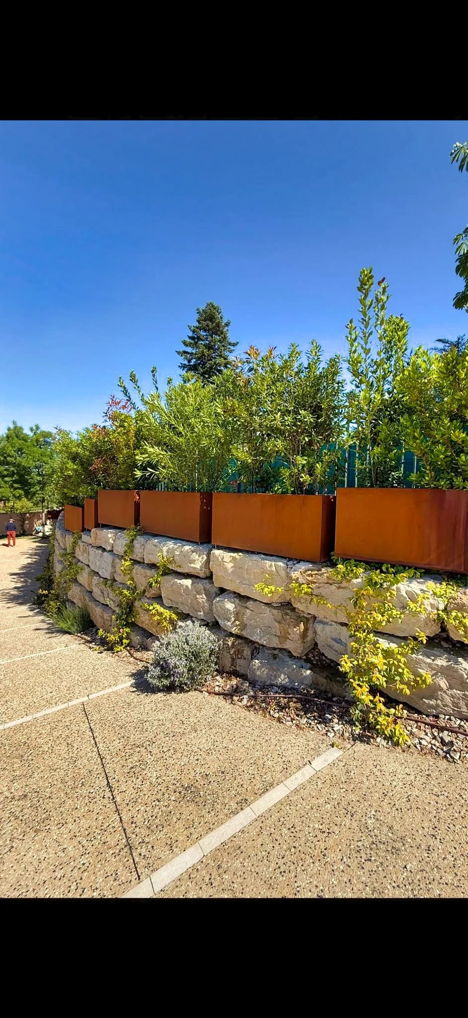 Mur de soutènement en acier Corten avec massifs plantés à Saint-Didier-au-Mont-d’Or